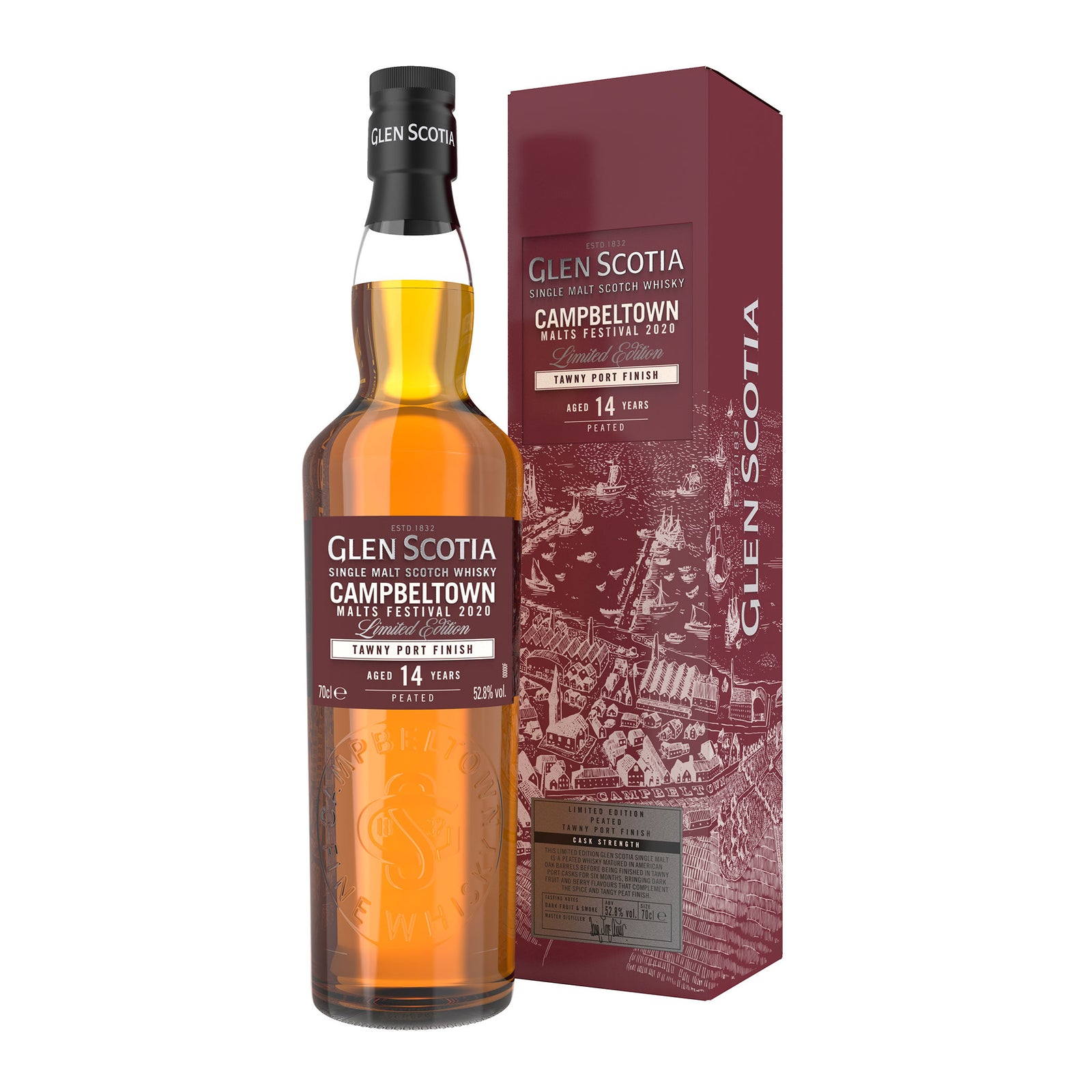 A bottle of Glen Scotia's Campbeltown Malts Festival Tawny Port Edition (2020) is displayed next to its maroon box packaging. The label indicates "Campbeltown, Cask Festival 2022, Tawny Port Finish." Both the bottle and box feature branding details and a map-like design, making it an excellent whisky gift.