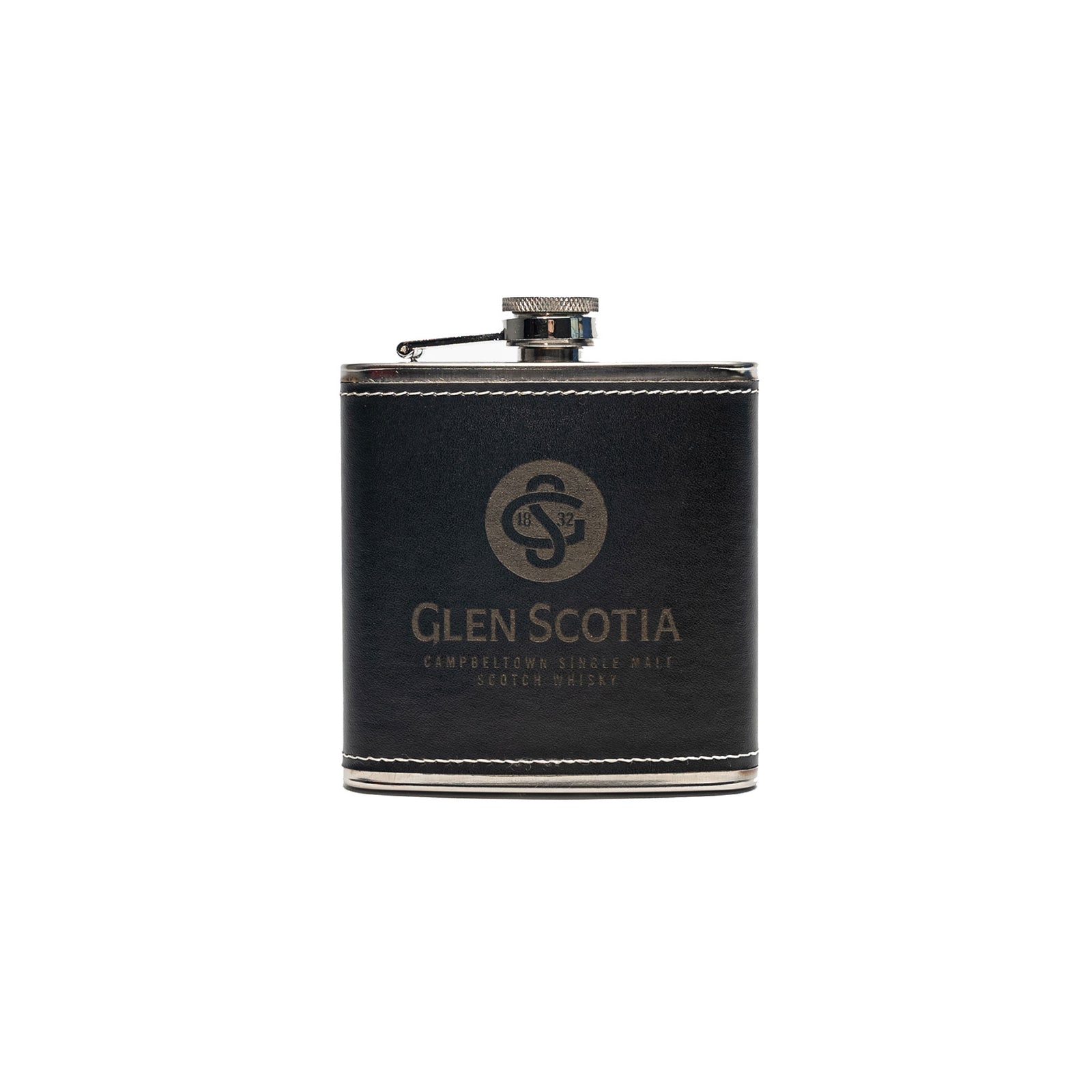 Introducing the Glen Scotia Whisky Hipflask, a sleek black leather-wrapped metal flask featuring a screw cap and embossed with the gold logo and text "Glen Scotia Campbeltown Single Malt Scotch Whisky." Ideal for whisky enthusiasts, this flask is designed with elegant white stitching along the top and bottom edges.