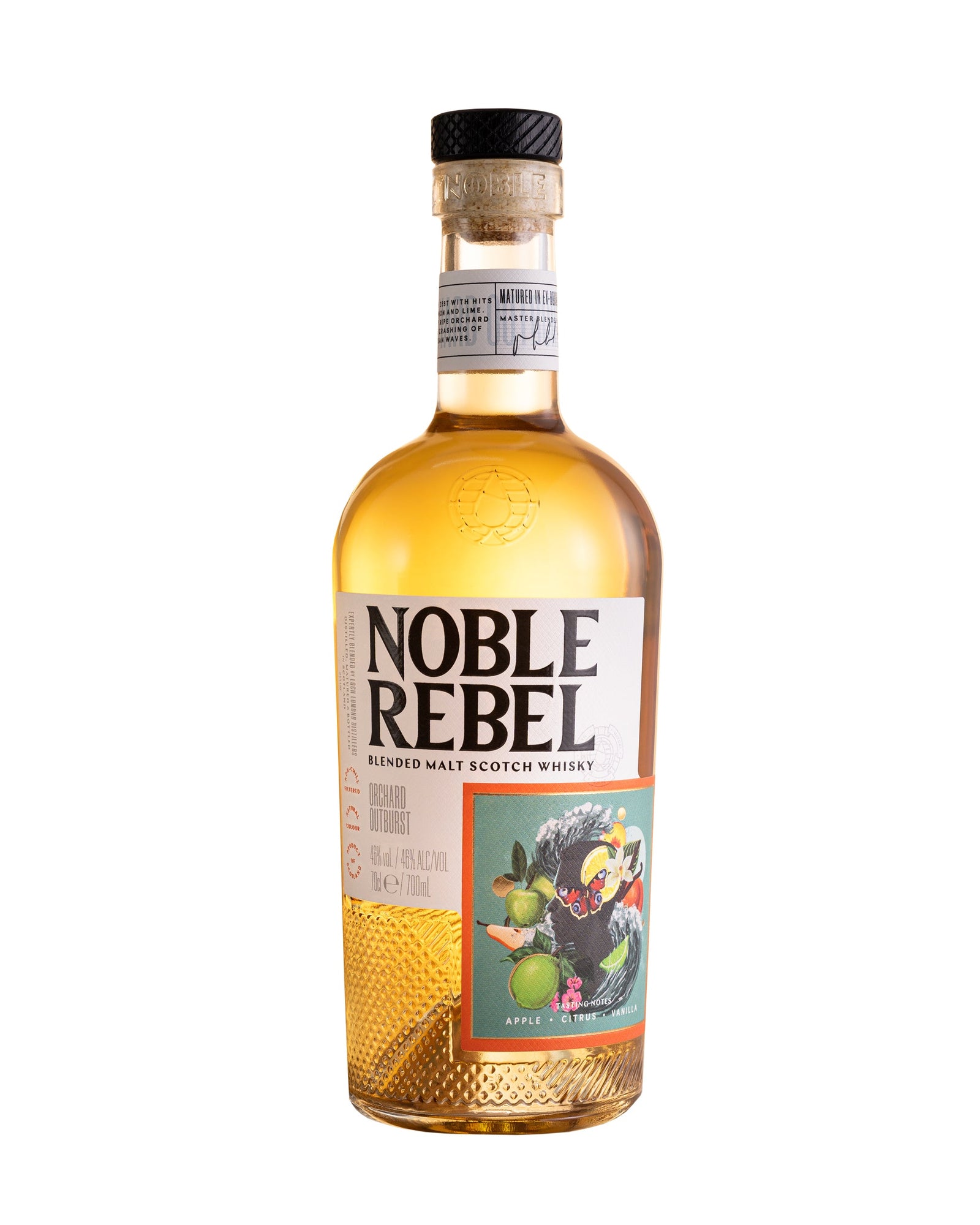 A bottle of Noble Rebel Whisky - Orchard Outburst is shown next to its box. The bottle contains a light golden liquid and features an illustrated label depicting apples, greenery, and a scenic background. Perfect for whisky gifts, the box proudly displays the brand name "noble-rebel-whisky" in bold letters on the front.