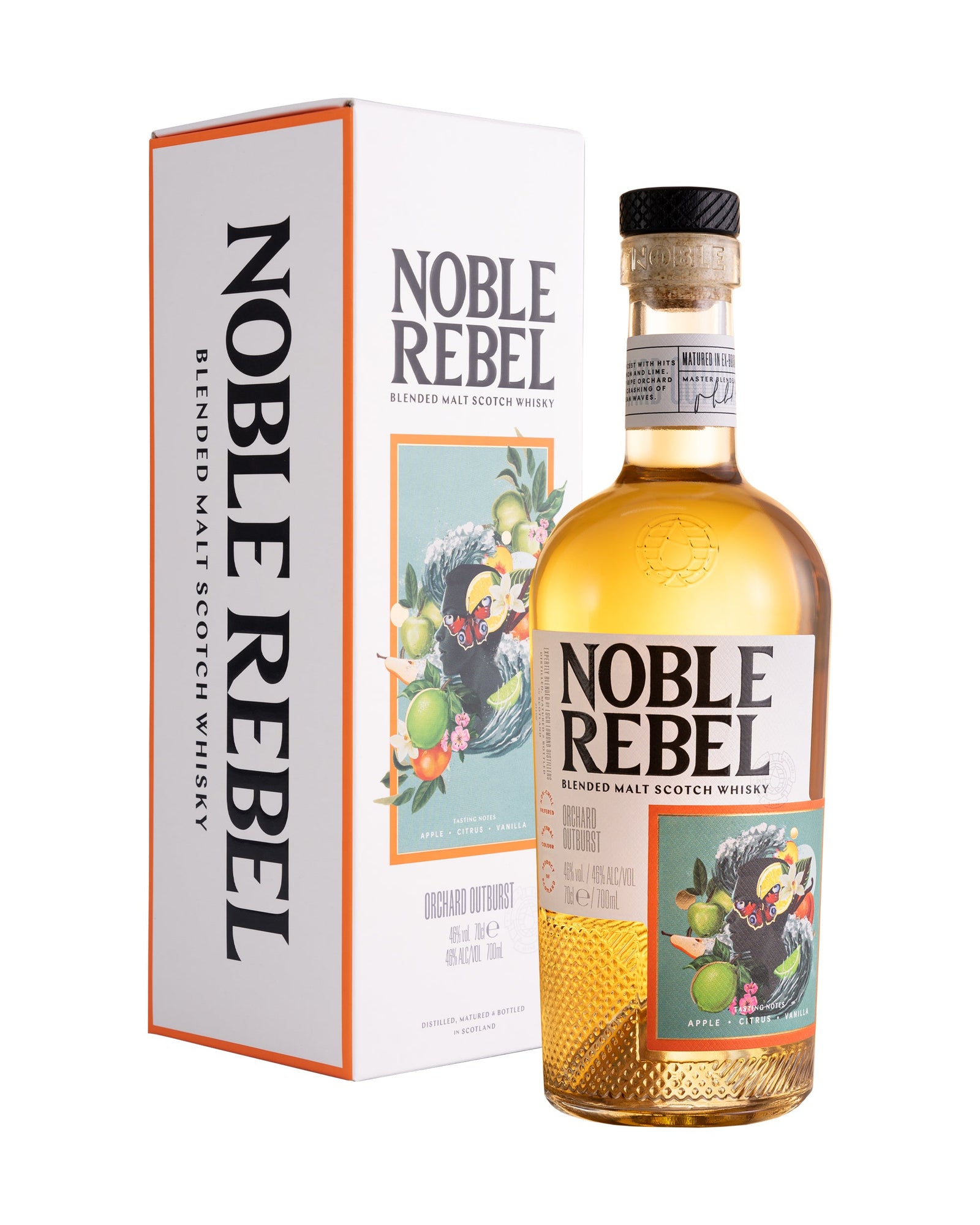 A bottle of Noble Rebel Whisky - Orchard Outburst is shown next to its box. The bottle contains a light golden liquid and features an illustrated label depicting apples, greenery, and a scenic background. Perfect for whisky gifts, the box proudly displays the brand name "noble-rebel-whisky" in bold letters on the front.
