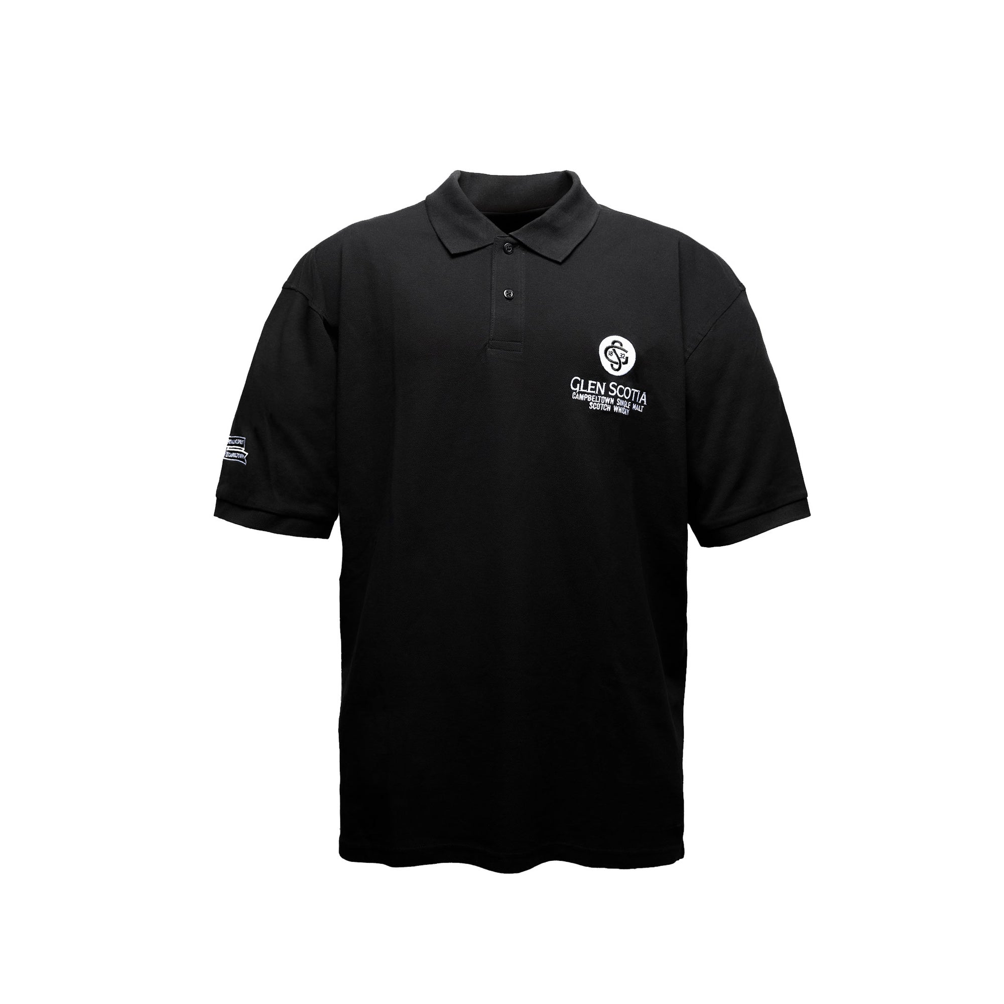 The Glen Scotia Whisky Poloshirt, by Glen Scotia, is a black polo shirt with a collar and short sleeves. It features white embroidered text and logos on the left chest area and the left sleeve. The chest text reads "GLEN SCOTIA SINGLE MALT SCOTCH WHISKY CAMPBELTOWN ESTD. 1832." The logo displays a thistle design, making it an ideal gift for whisky enthusiasts.