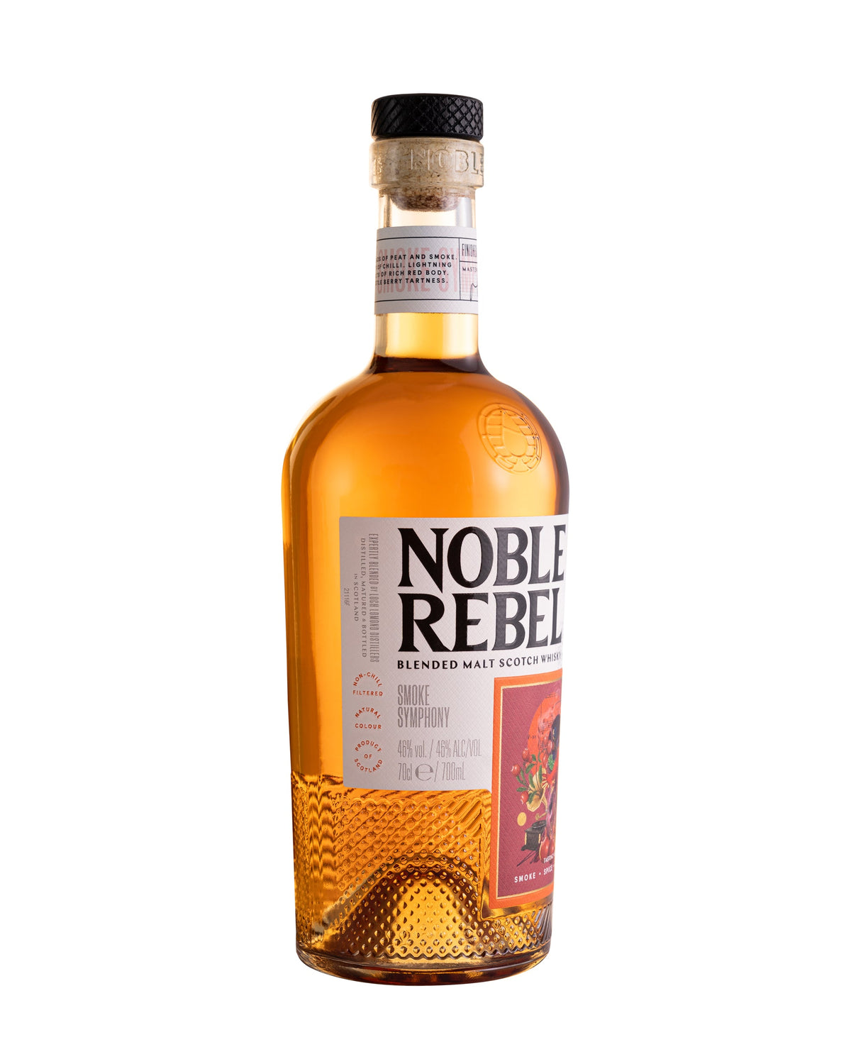 A bottle of Noble Rebel Whisky - Smoke Symphony, with an amber liquid inside. The bottle has a black cap and a detailed label featuring text and a colorful illustration. The glass features a textured design, making it an ideal whisky gift.