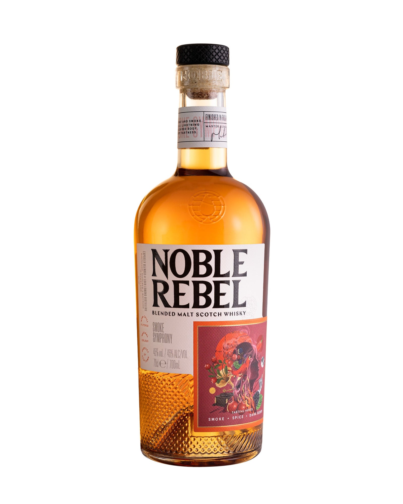Image of a bottle and box of Noble Rebel Whisky - Smoke Symphony by noble-rebel-whisky. The bottle has a label featuring artwork with cherries and leaves, with the product name prominently displayed in bold letters. The box, positioned behind the bottle, features matching text that emphasizes its premium quality as a blended malt scotch.