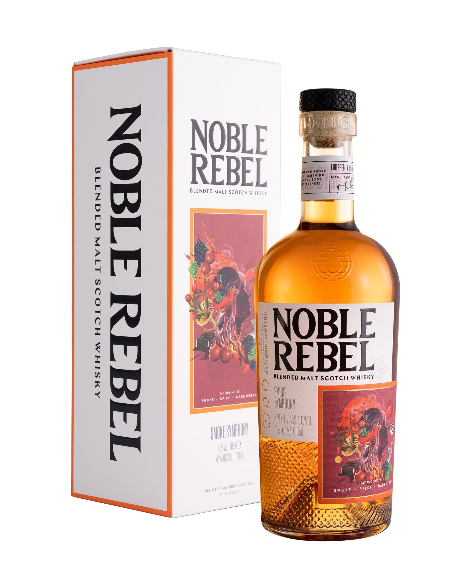 Image of a bottle and box of Noble Rebel Whisky - Smoke Symphony by noble-rebel-whisky. The bottle has a label featuring artwork with cherries and leaves, with the product name prominently displayed in bold letters. The box, positioned behind the bottle, features matching text that emphasizes its premium quality as a blended malt scotch.