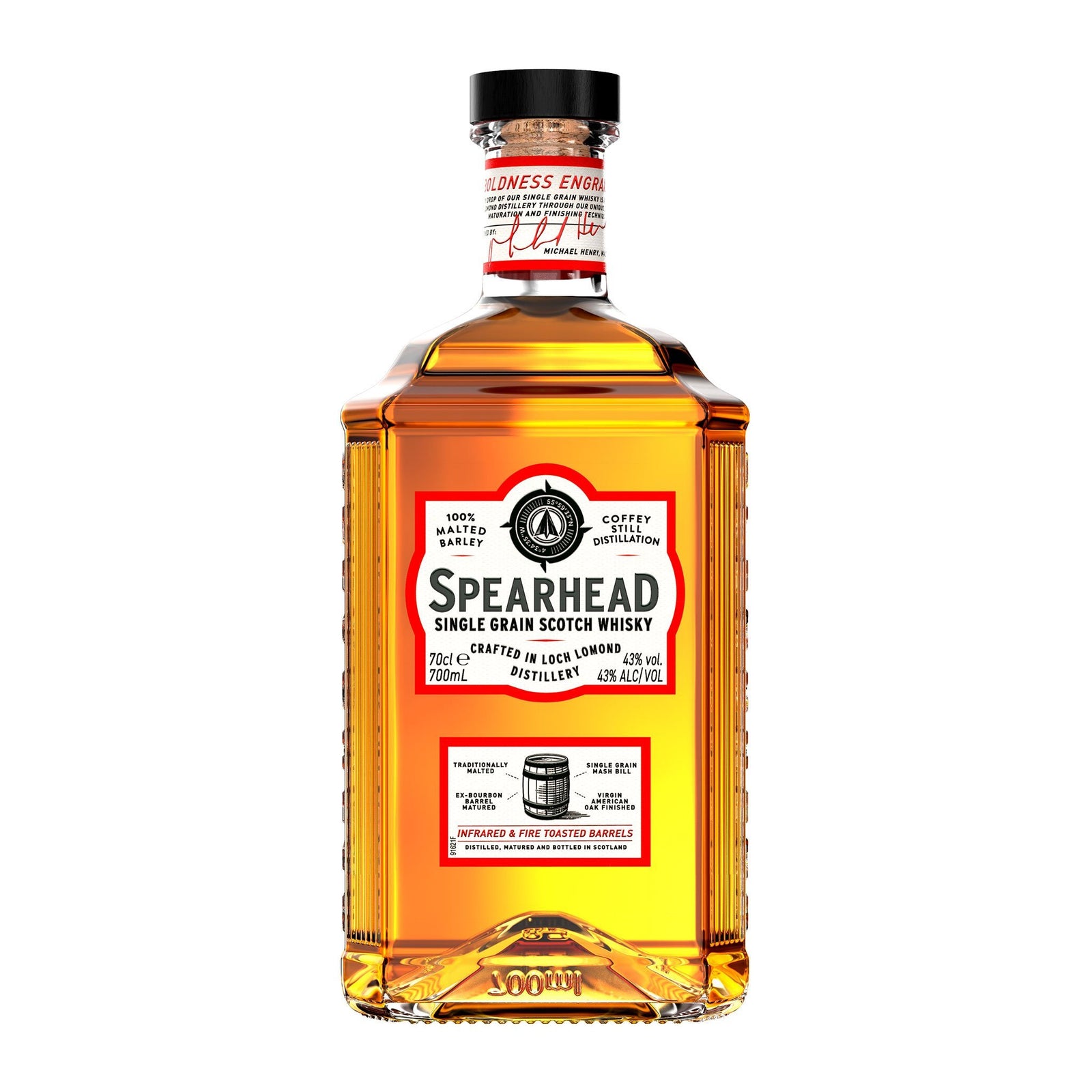 This Spearhead Single Grain Scotch Whisky bottle, with its distinctive square shape and rounded corners, features a prominent red and white label adorned with black text. It showcases its 700ml volume and 43% alcohol content. The elegant whisky gift is topped with a stylish black cap accented by red highlights.