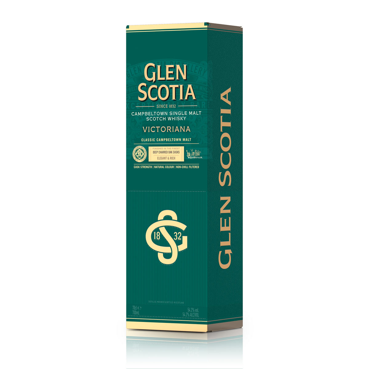 A rectangular green box adorned with gold text and design, showcasing the Glen Scotia brand, reads: &quot;Glen Scotia Since 1832 Campbeltown Single Malt Scotch Whisky Victoriana.&quot; Ideal for whisky gifts, the box includes tasting notes and highlights the distillery&#39;s rich heritage.