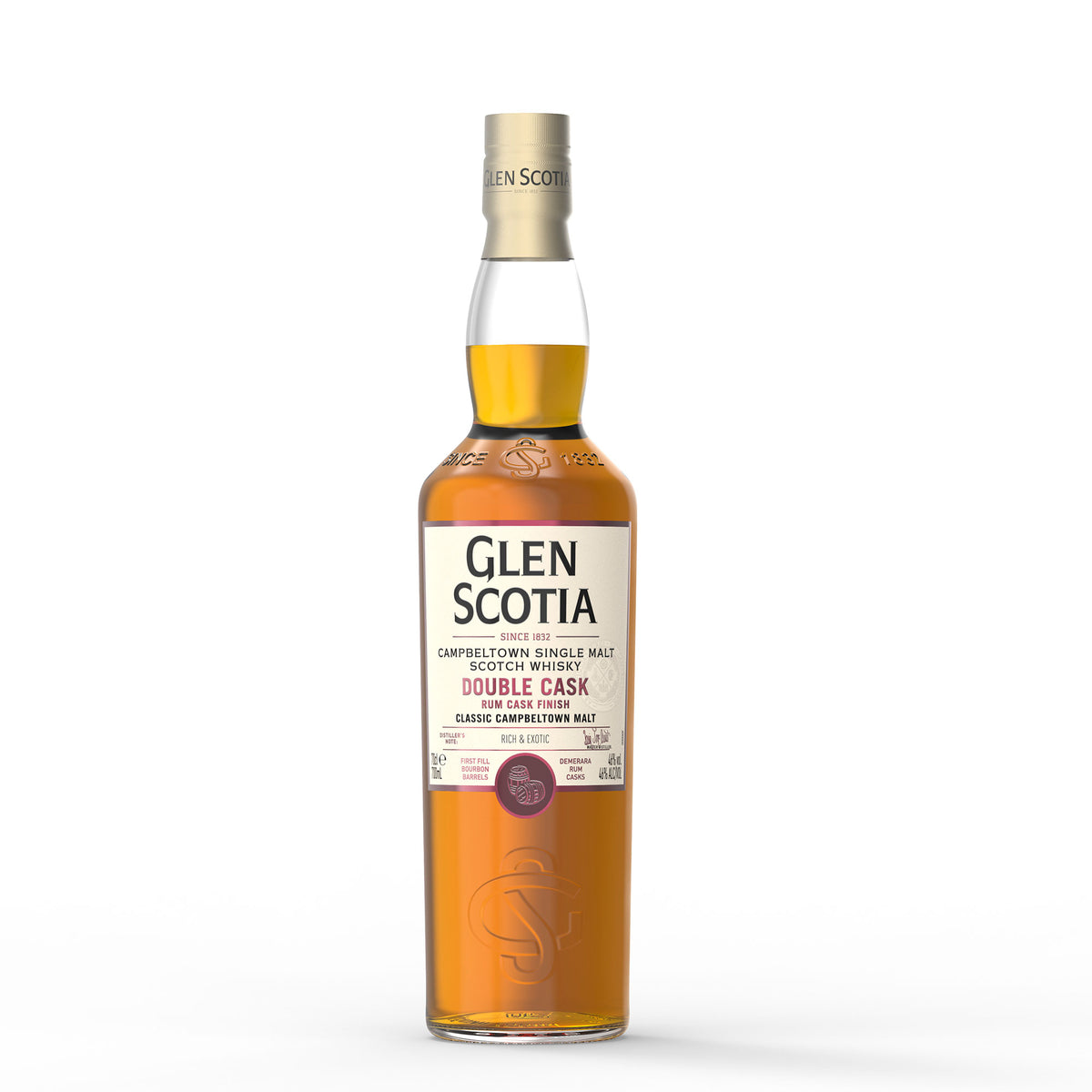 A bottle of Glen Scotia Double Cask Rum Finish Single Malt Scotch Whisky is displayed against a white background. The bottle features a golden liquid with a black and cream label indicating its brand and type, topped with a beige and green cap, making it an ideal whisky gift.