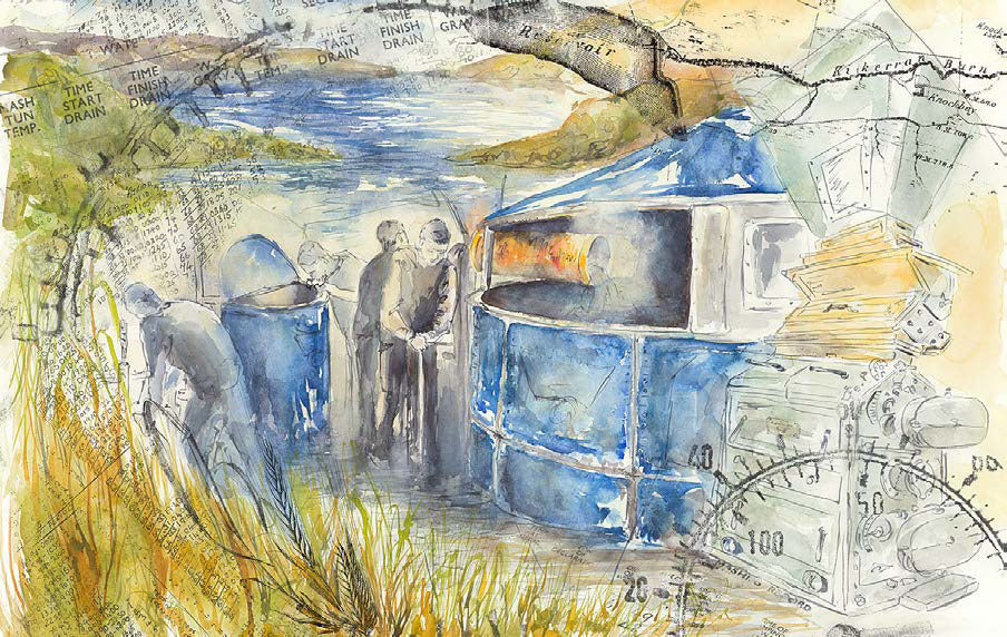 A watercolor painting depicts individuals working around a large blue cylindrical structure by a riverside, seamlessly integrating industrial elements reminiscent of a vintage machine. The scene symbolically weaves nature and time, incorporating phrases like "TIME DRAIN" and "TEMP" throughout, much like the artisanal process behind Glen Scotia's No.1 ‘First Water’ single malt whisky.