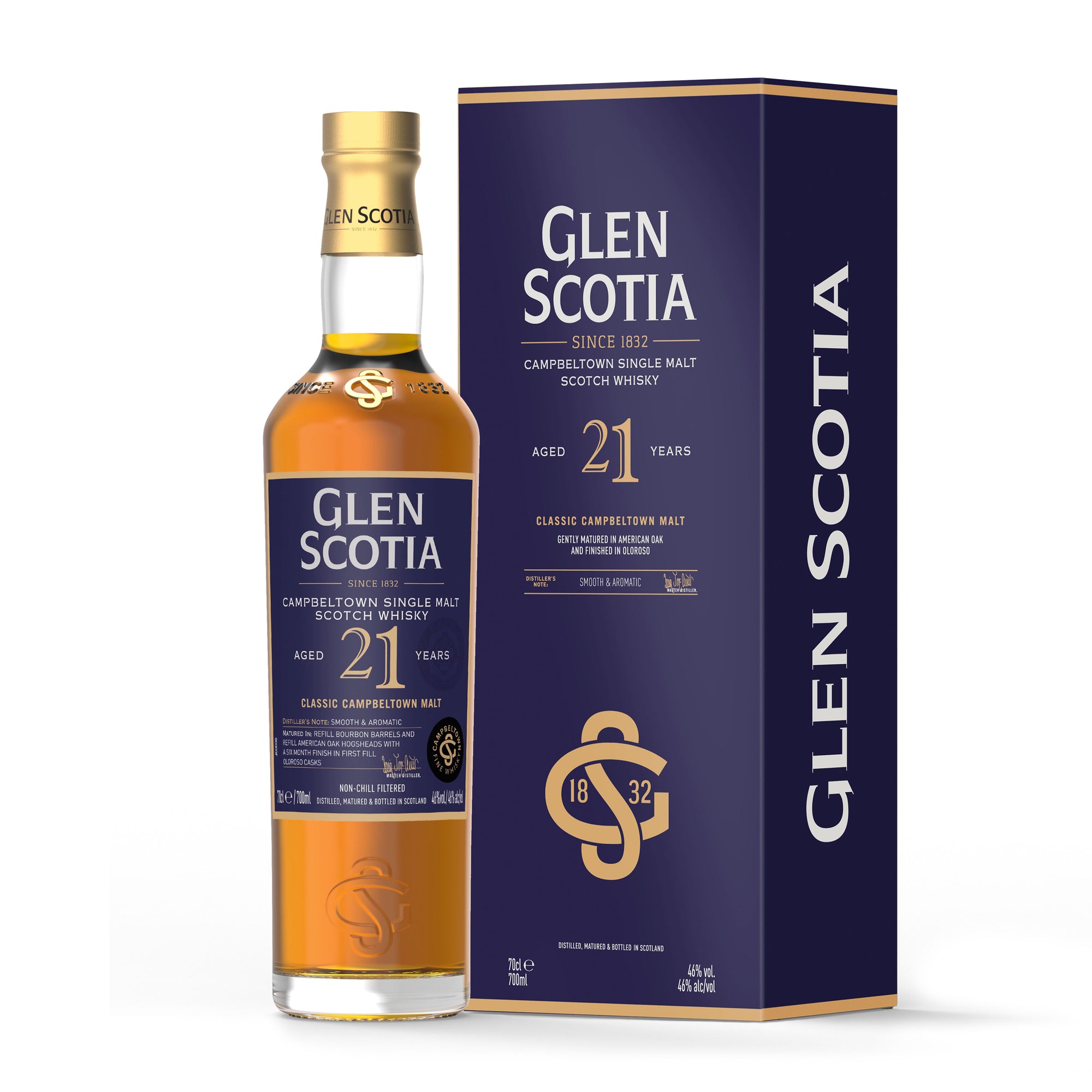 Image of a bottle of Glen Scotia 21 Year Old Whisky next to its dark blue box. The bottle label and box both feature gold and white text with the brand name and age prominently displayed, making it an ideal whisky gift.