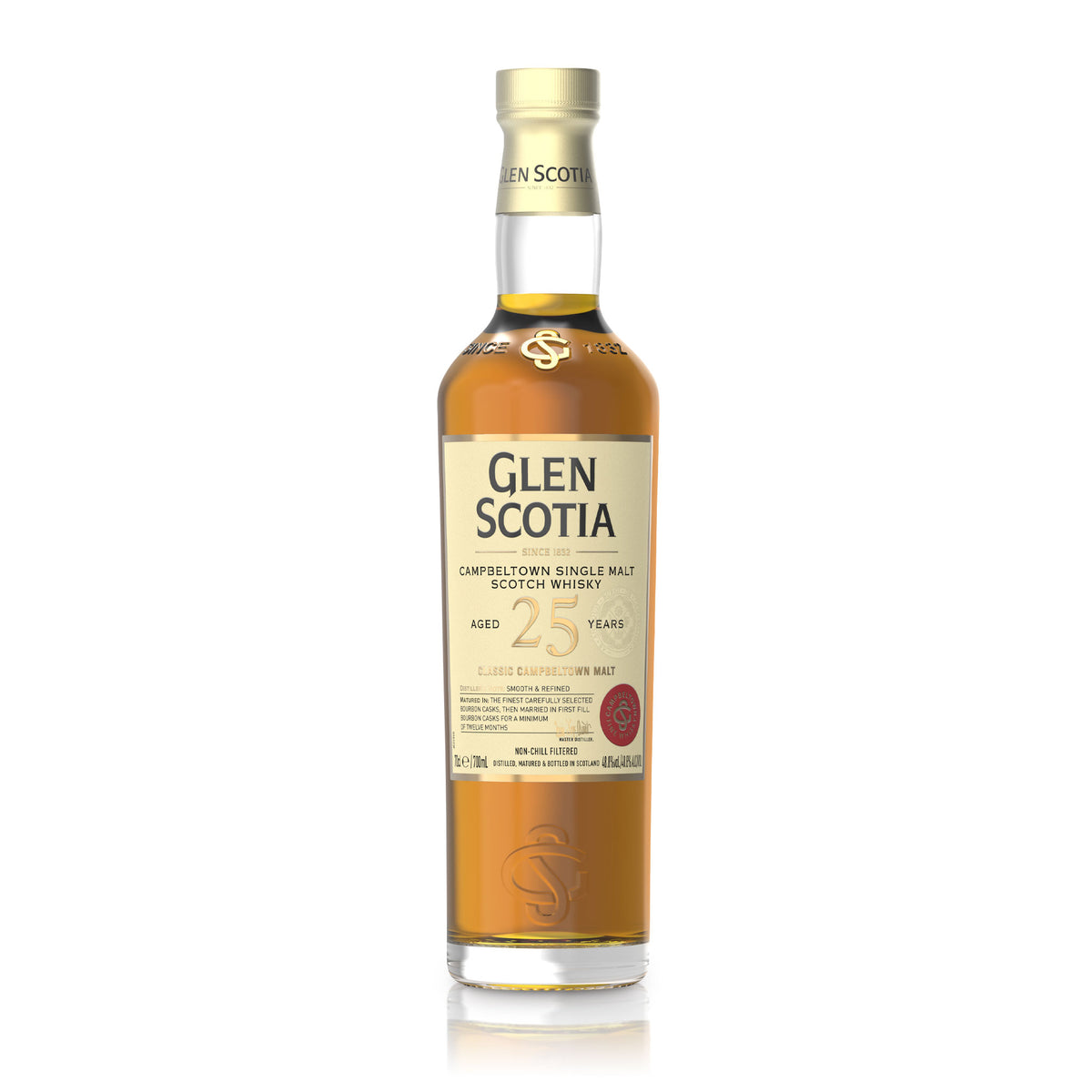 A bottle of Glen Scotia 25 Year Old Single Malt Scotch Whisky features a clear body showcasing an amber-colored liquid. The label prominently displays the brand name and age, accentuated by a gold seal and details about the whisky. Ideal for whisky gifts.