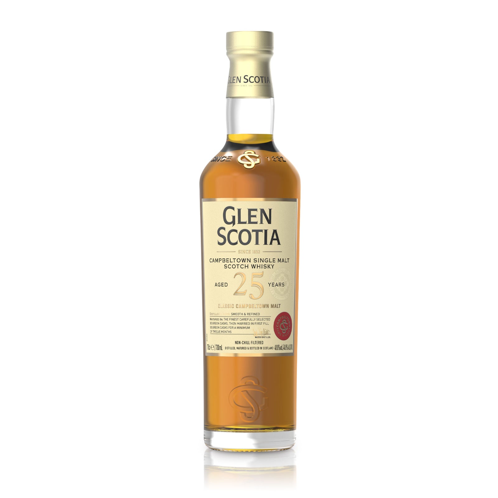 Photo of a Glen Scotia 25 Year Old Single Malt Scotch Whisky bottle positioned next to a wooden box. The bottle's label includes information about the whisky's age and origin. To the left of the image, a silver "World Spirits Competition 2024 Platinum" medal is prominently shown, making it a perfect option for whisky gifts.