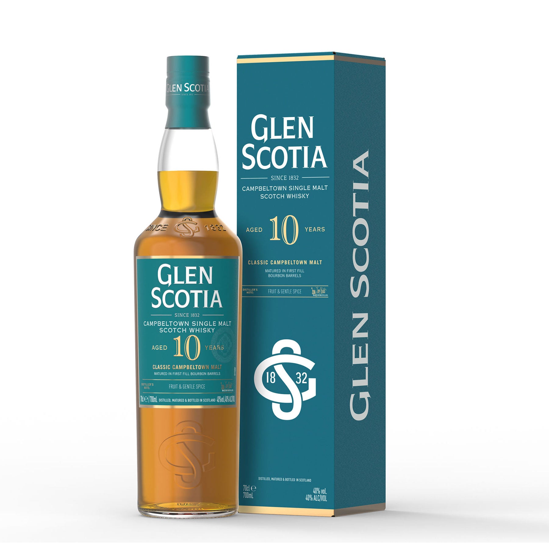 A bottle of Glen Scotia 10 Year Old Single Malt Scotch Whisky is displayed next to its teal-colored packaging box. Both the label and the box prominently feature the brand name and age, along with additional details about the scotch—making it a perfect gift for whisky enthusiasts.