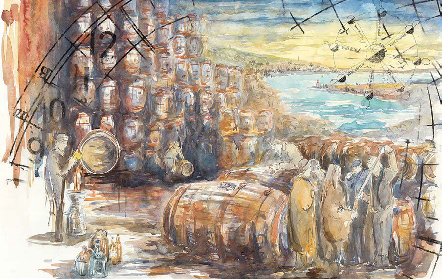The NO.3 'LABOUR OF YEARS' by Glen Scotia captures an artistic depiction of a coastal distillery scene. Barrels stack up waiting for shipment as people work, carrying and inspecting casks. A few bottles of scotch sit nearby. Looming clock hands and maritime map elements overlay the scene, blending themes of time and navigation.