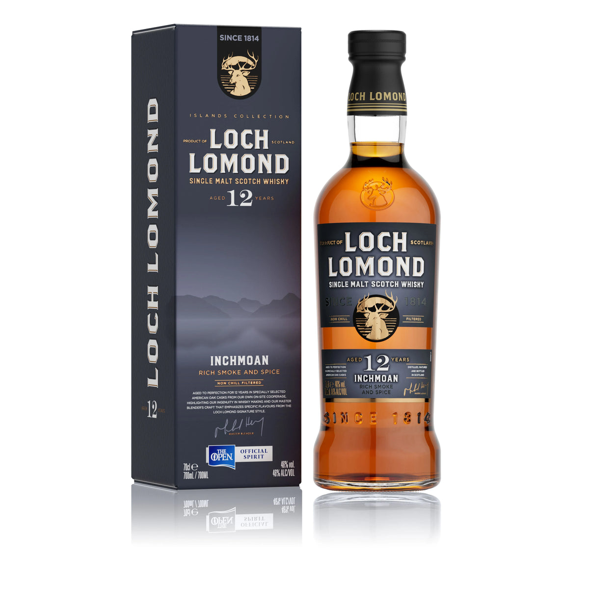 A bottle of Loch Lomond Inchmoan 12 Year Old Single Malt is displayed next to its sleek black and gold box packaging. The label on the bottle features the brand name, Loch Lomond Whiskies, along with the age and descriptive notes that highlight &quot;rich smoke and spice.