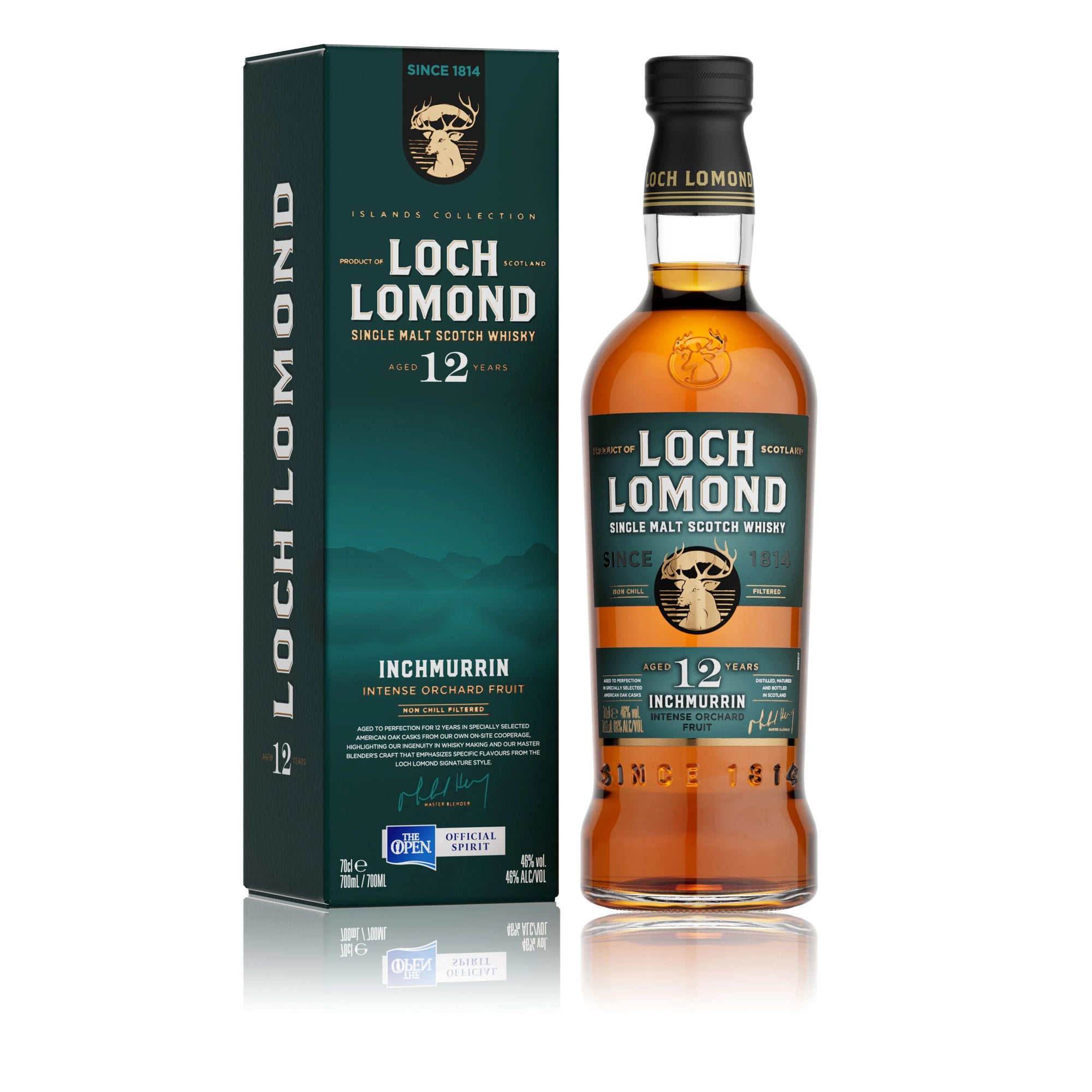 A bottle of Loch Lomond Inchmurrin 12 Year Old is showcased next to its dark green and gold box. The label on the bottle and box features the name "Loch Lomond Whiskies," the age, and descriptions including "Intense Orchard Fruit.