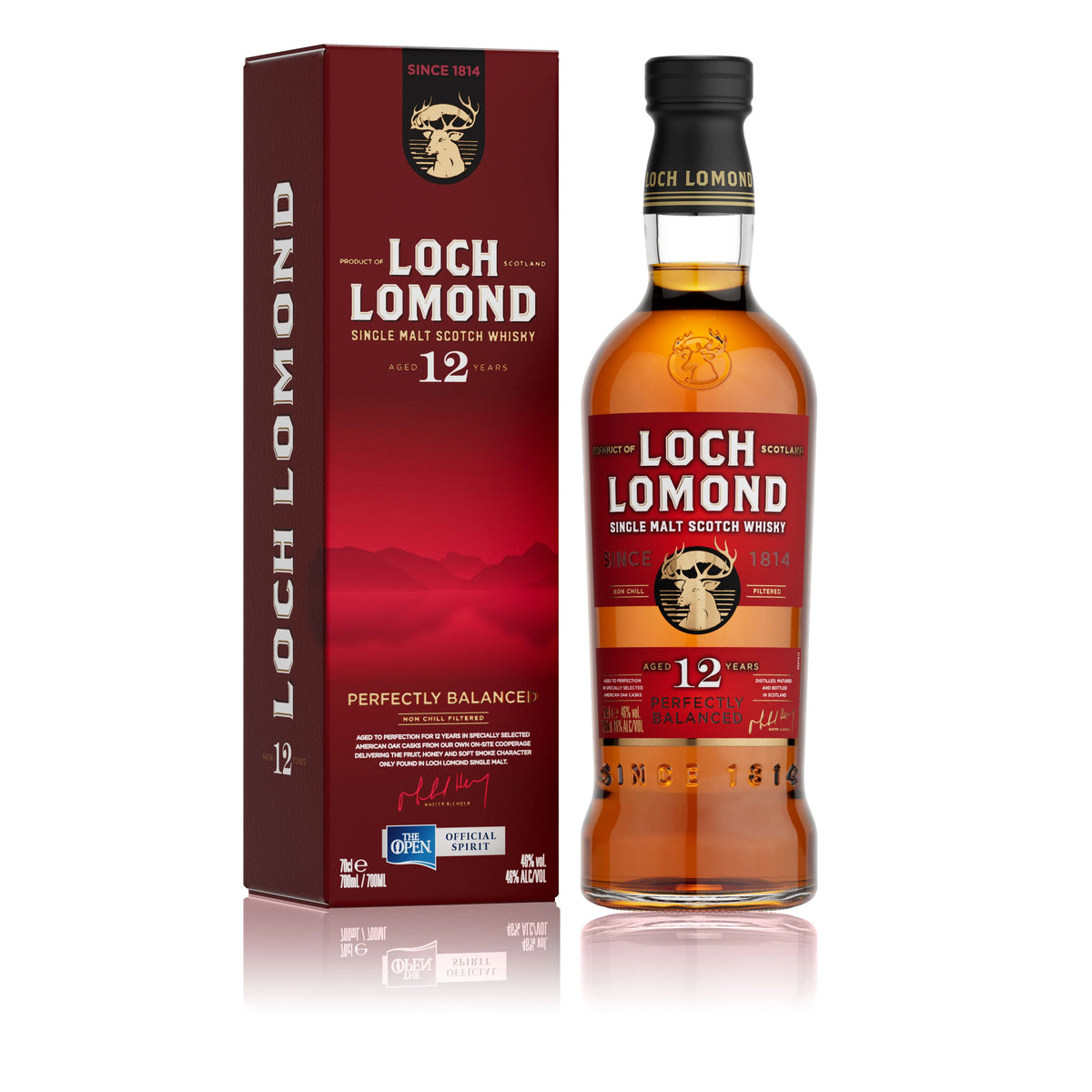 A bottle of Loch Lomond 12 Year Old Single Malt from Loch Lomond Whiskies is displayed next to its red and black packaging box. The bottle features a gold and black label. Text on the box and bottle includes the whisky&#39;s age, origin, and the phrase &quot;Perfectly Balanced,&quot; making it an ideal whisky gift.