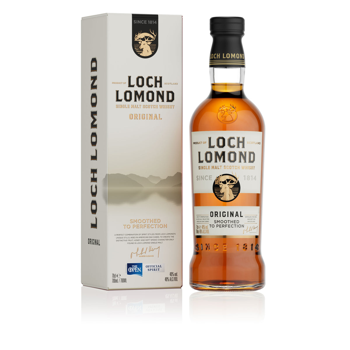 A photograph displays a bottle of Loch Lomond Original Single Malt from Loch Lomond Whiskies positioned next to its matching box. The box features the iconic Loch Lomond logo with the text &quot;Since 1814&quot; and highlights &quot;Smoothed to Perfection.&quot; The bottle, partially filled with amber liquid, makes for an exquisite whisky gift.