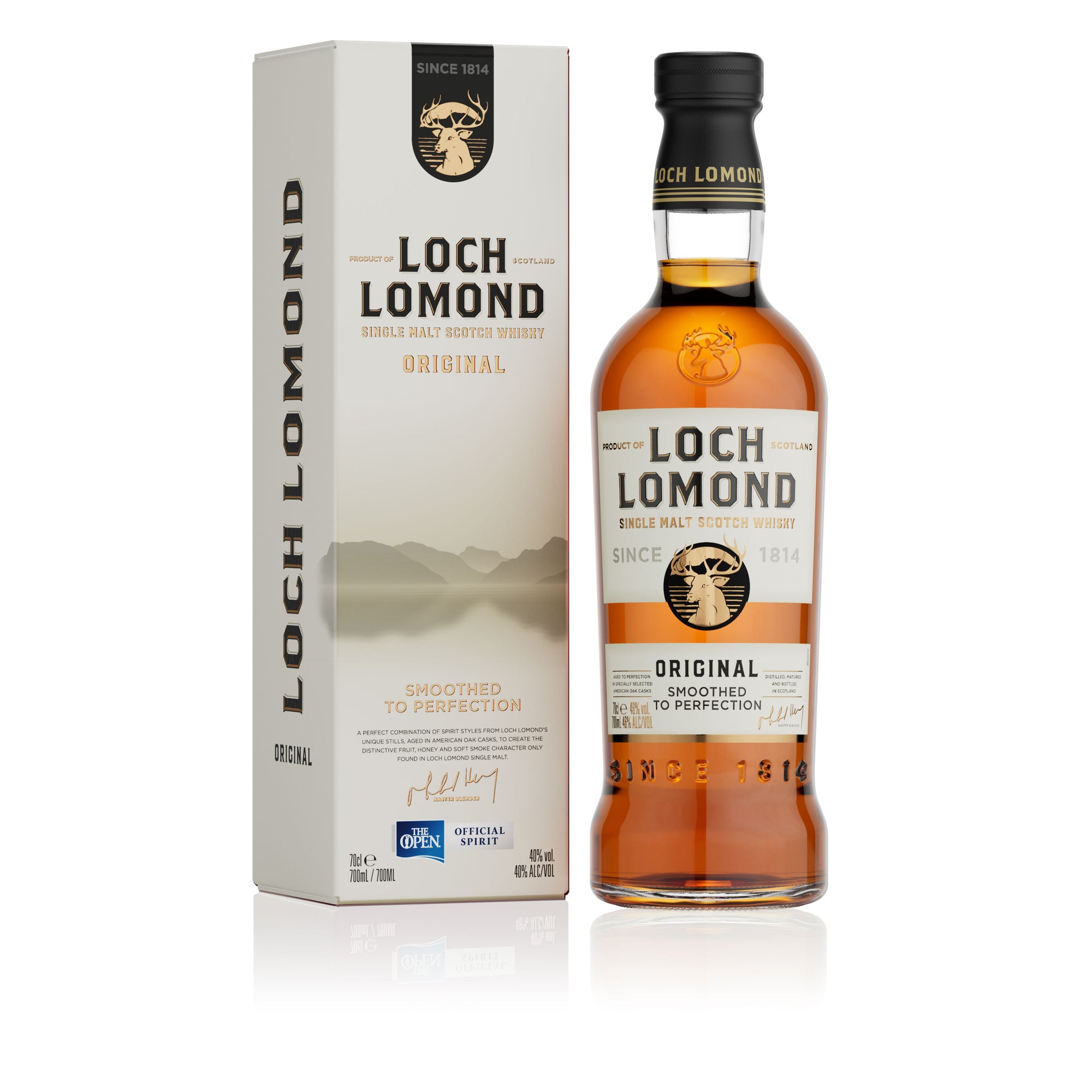 A photograph displays a bottle of Loch Lomond Original Single Malt from Loch Lomond Whiskies positioned next to its matching box. The box features the iconic Loch Lomond logo with the text "Since 1814" and highlights "Smoothed to Perfection." The bottle, partially filled with amber liquid, makes for an exquisite whisky gift.