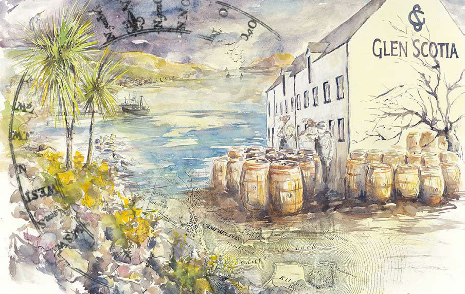A watercolor depiction titled NO.4 ‘TIME AND TIDE’ showcases the Glen Scotia coastal distillery. The scene features several barrels outside the building, a calm sea with a sailboat in the distance, and scenic hills enveloped in a soft, hazy atmosphere. Palm-like plants and a stone path add to the charm of this scotch distillery.