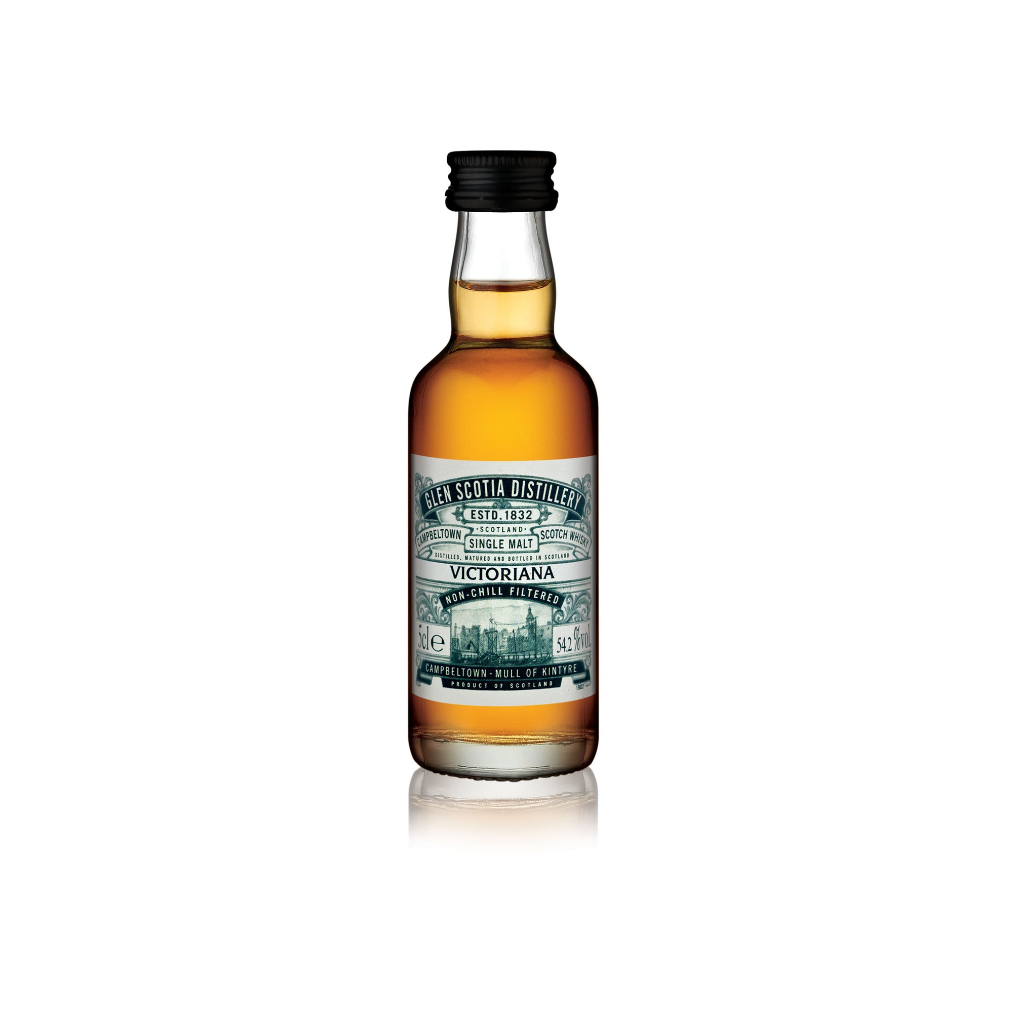 A miniature 5cl glass bottle of Glen Scotia's Victoriana Whisky with a black cap. The detailed label showcases the distillery's name, establishment date (1832), and product information in muted green and gold colors, making it ideal for whisky gifts.